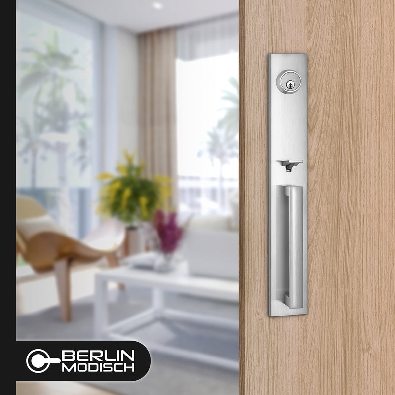 Berlin Modisch Full Escutcheon HandleSet Front Door Entry Handle and Deadbolt Lock Set Slim Square Single Cylinder Deadbolt and Lever Heavy Duty â€“ Satin Nickel Finish - Image 3